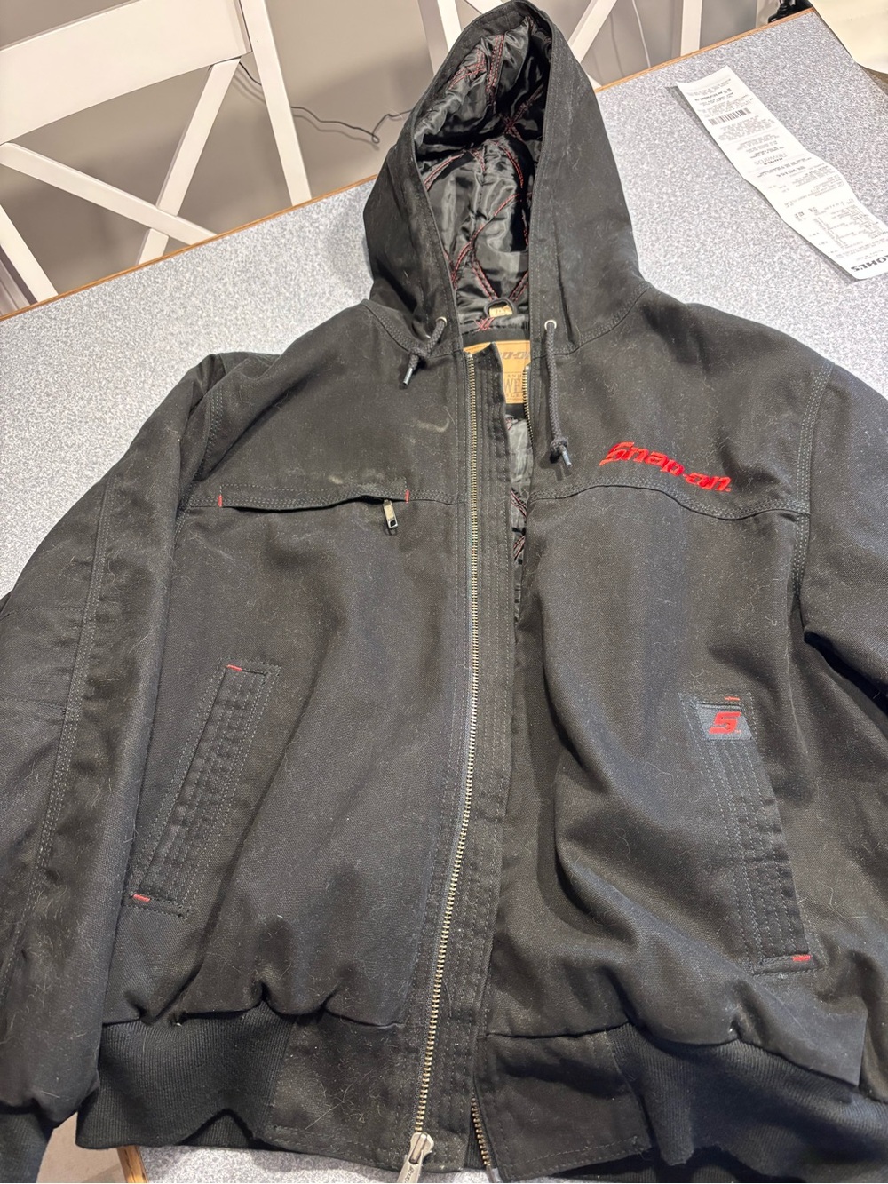 Snap Black Hooded Work Bomber Jacket with Red Accents